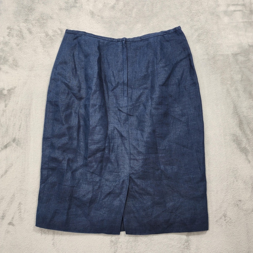 Vintage Jennifer Moore Skirt Womens 8 Blue Linen Pencil Lined Slit Office Preppy